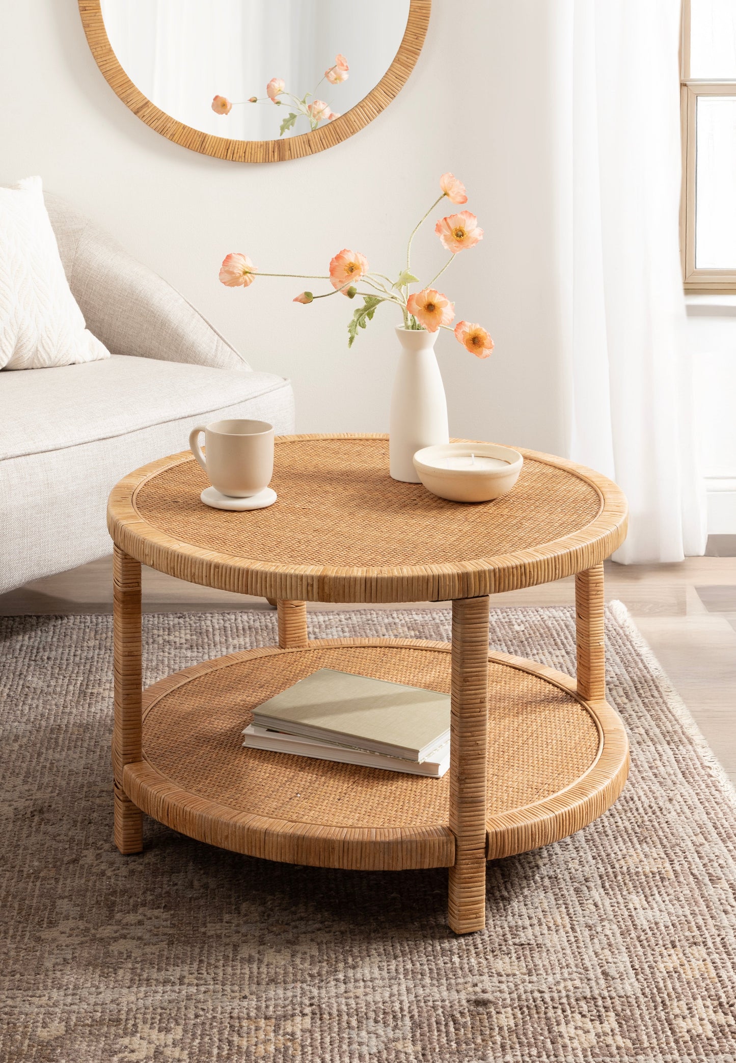 Round Rattan Coastal Coffee Table - Rafina Woven Living Room Furniture, Beach House Decor