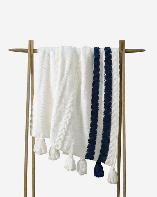 Snug braided two-stripe throw blanket in White and Midnight