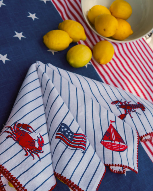 Coastal Americana Napkin Set of 4 - Embroidered Cotton Table Linens, Beach House Patriotic Dining