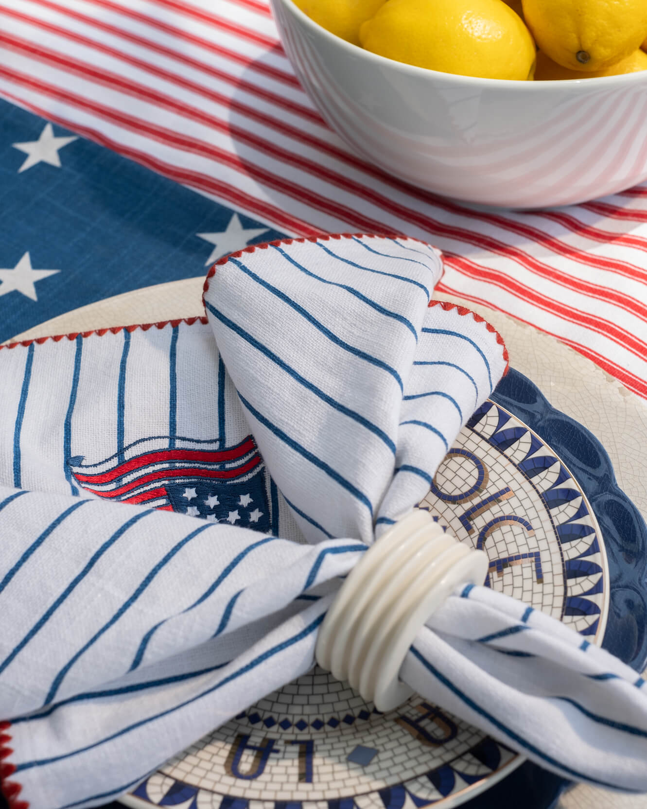 Coastal Americana Napkin Set of 4 - Embroidered Cotton Table Linens, Beach House Patriotic Dining