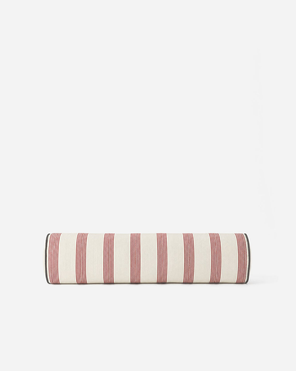 Front view of the 22-inch Rimini striped bolster pillow with contrasting dark piping