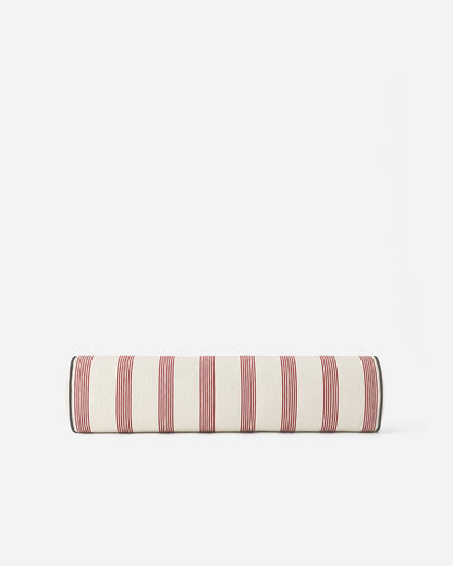 Front view of the 22-inch Rimini striped bolster pillow with contrasting dark piping