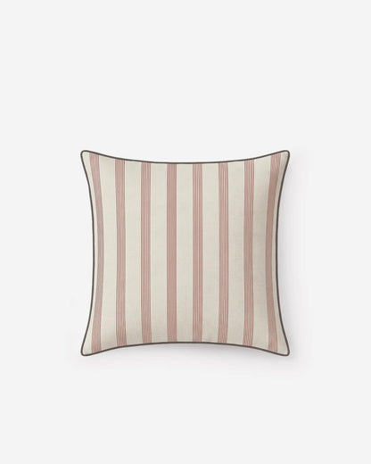 Rimini square throw pillow with terracotta and off-white vertical stripes and charcoal piping