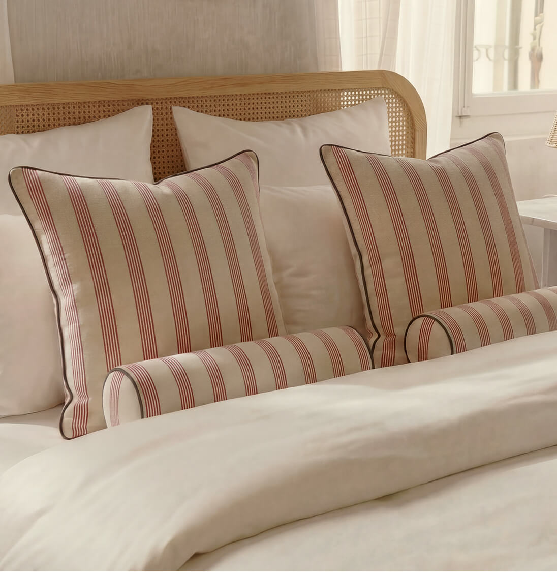 Rimini striped bolster pillows layered in front of matching square pillows on a bed with a woven headboard