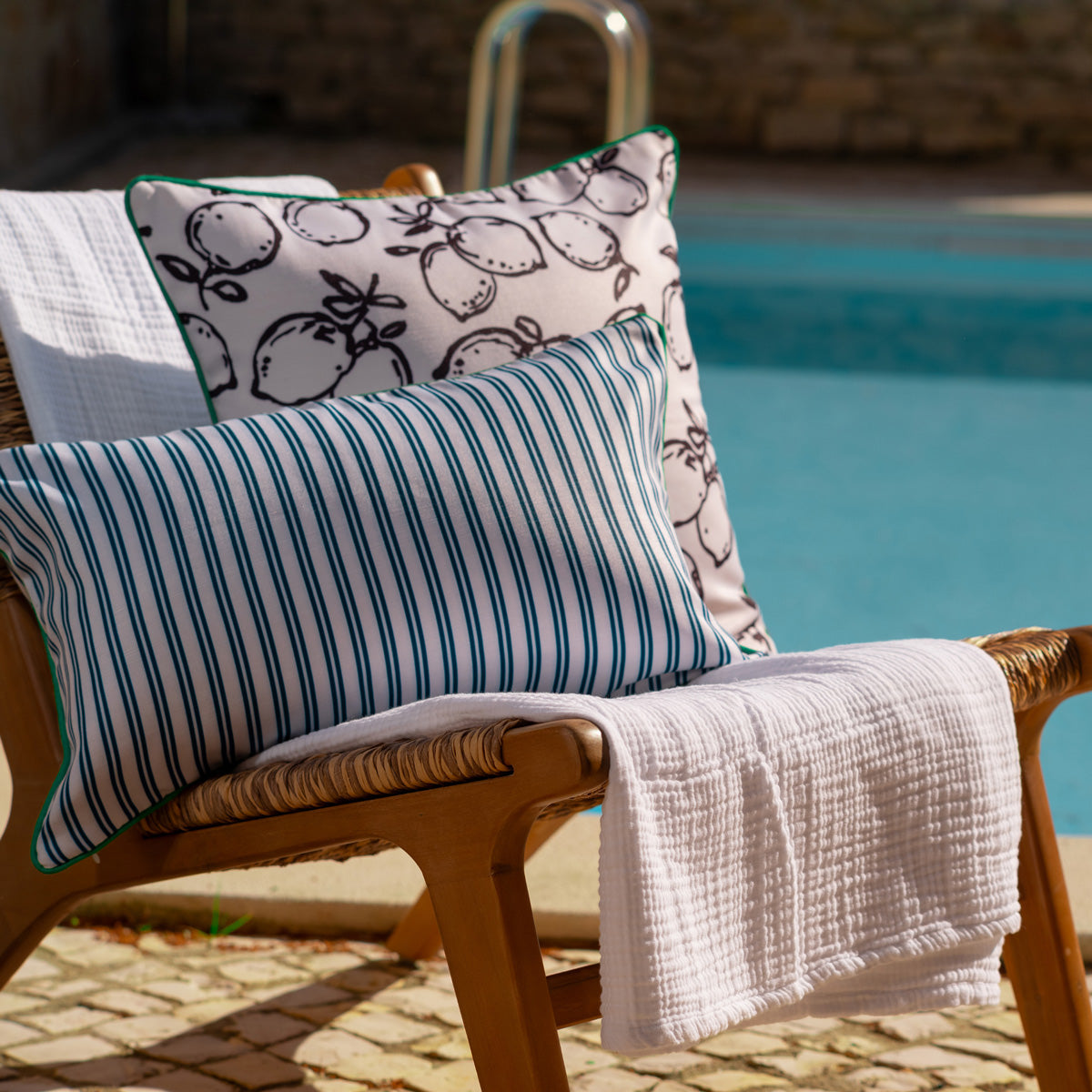 Striped Outdoor Small Lumbar Pillow - Coastal Water-Resistant Patio Pillow, Beach House Outdoor Decor