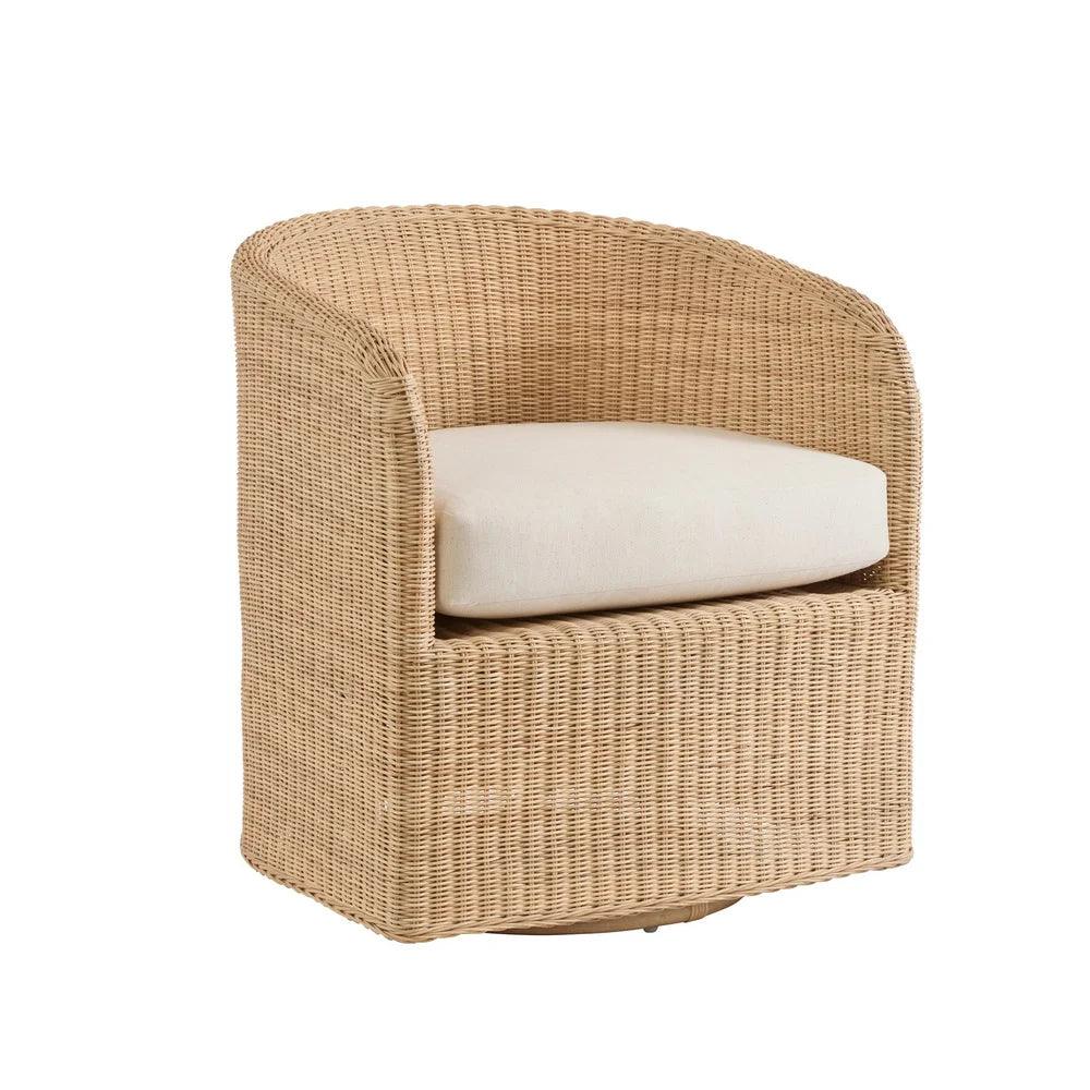 a wicker chair with a white cushion