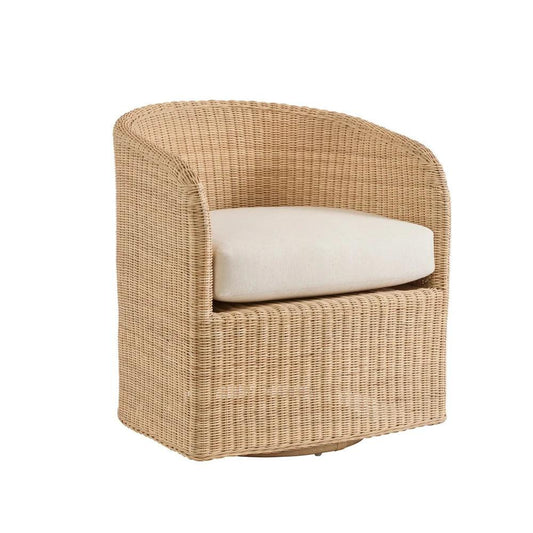 a wicker chair with a white cushion