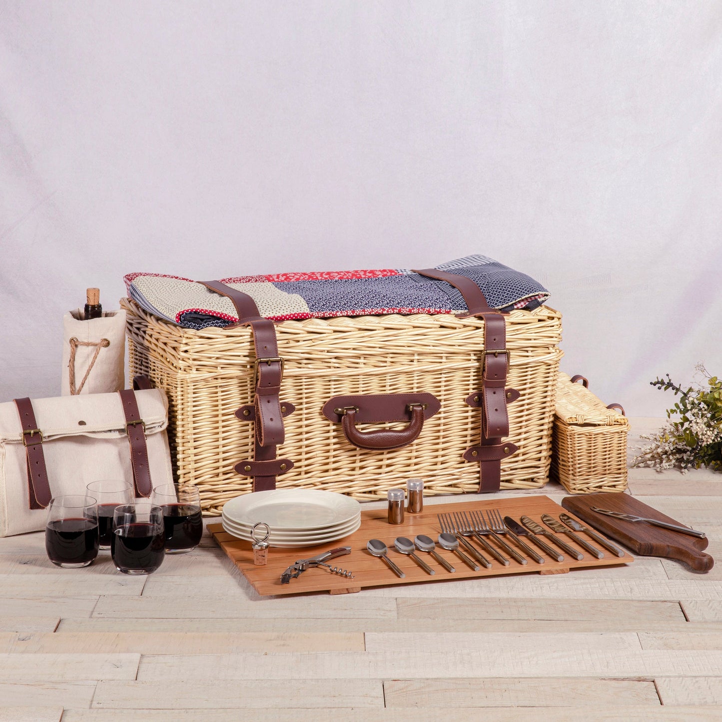 Charleston Luxury Picnic Basket for 4 - Coastal Heirloom Wicker Entertaining Set, Beach House Gift