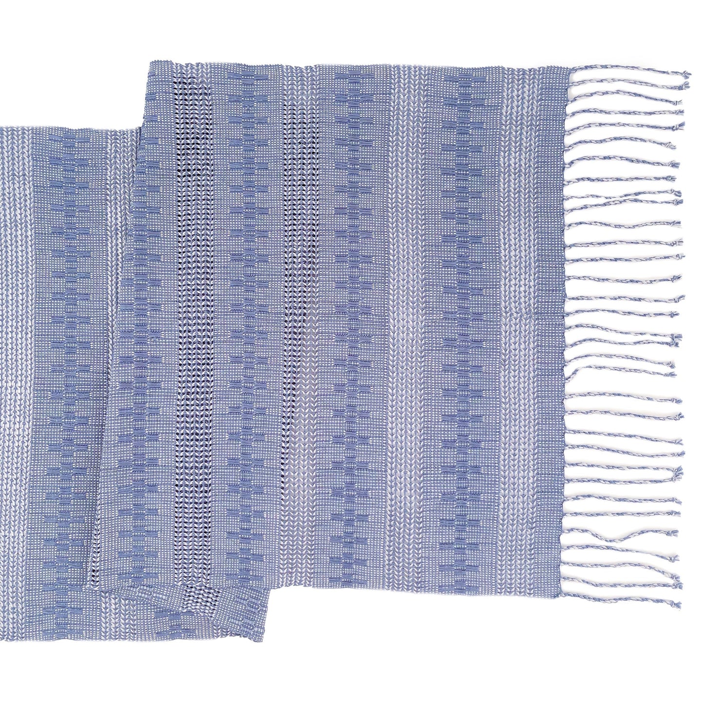 blue table runner with fringe