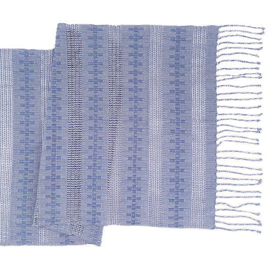 blue table runner with fringe