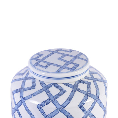 close up of blue and white jar