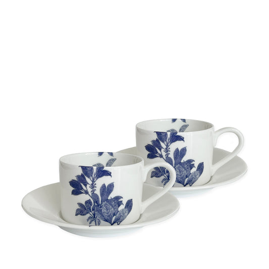 two white cups with blue flowers on white saucers