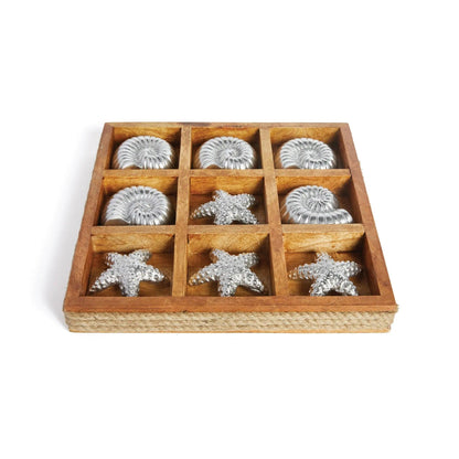 wood and rope tic tac toe board with silver pieces