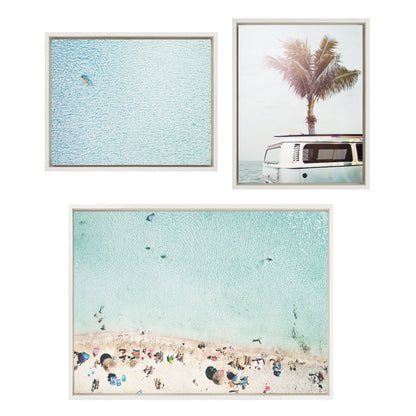 Turquoise Beach from Above 2, Blue Beach Van and Woman Floating Framed Canvas Art Print Set