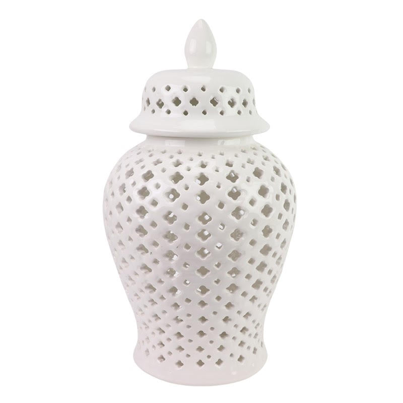 White pierced porcelain round jar with decorative lid