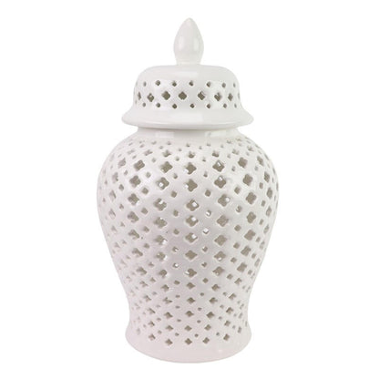 White pierced porcelain round jar with decorative lid