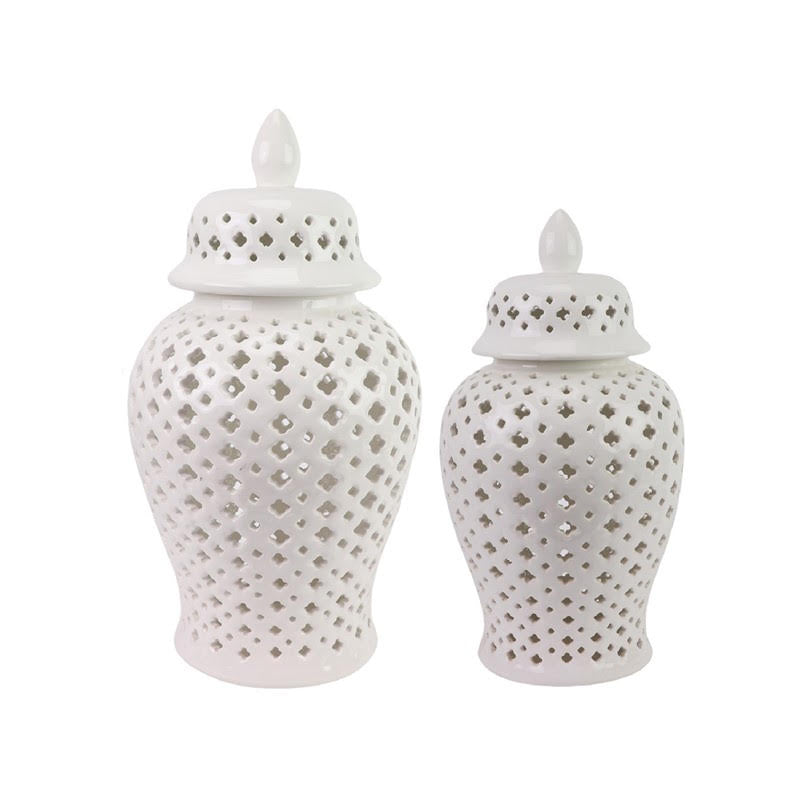 Round white porcelain decorative jar with finial lid