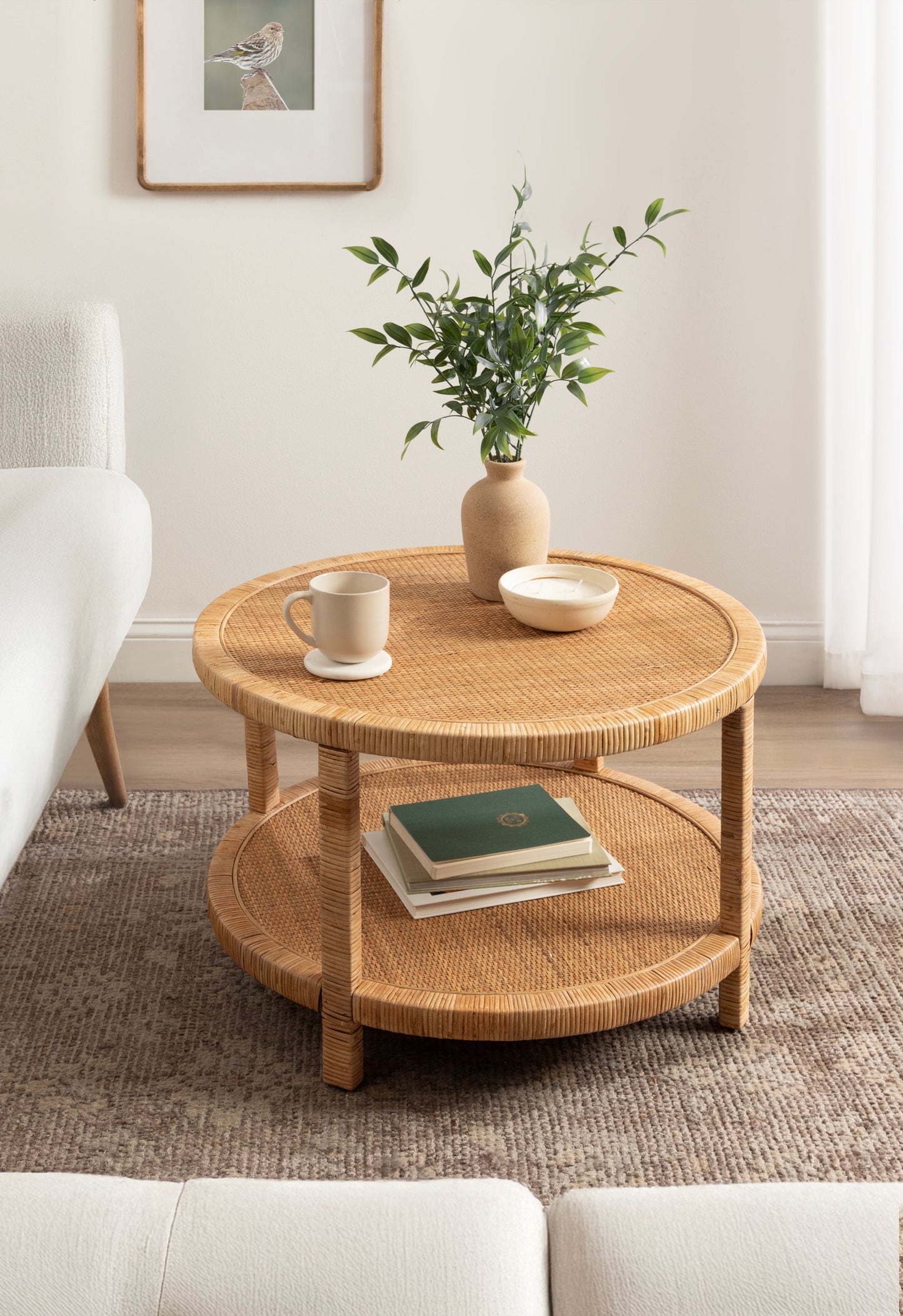 Round Rattan Coastal Coffee Table - Rafina Woven Living Room Furniture, Beach House Decor