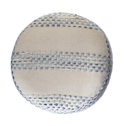 a white and blue round cushion with a striped design