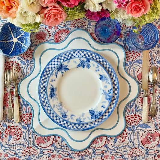 Haven White Wavy Edge Blue Trim Faux Leather Placemat - Coastal Table Decor, Beach House Dining