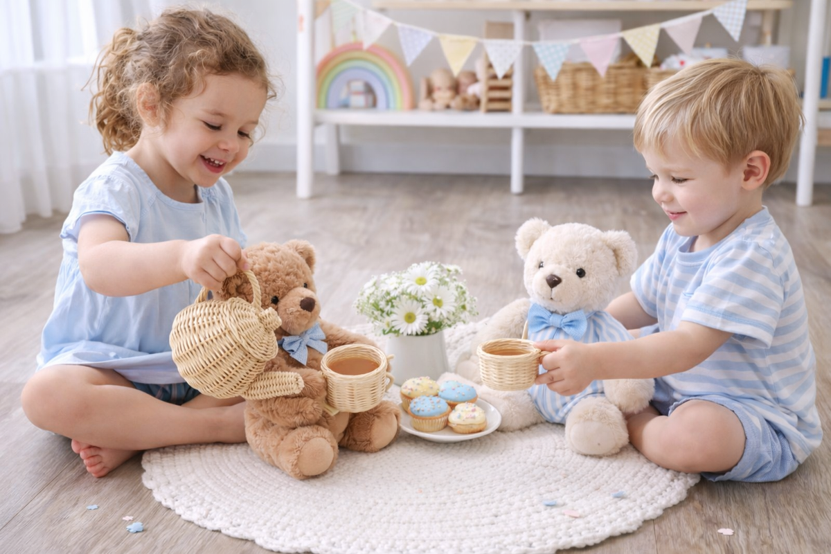 Natural wicker tea party set in neutral playroom