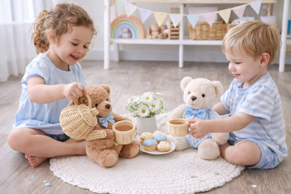Natural wicker tea party set in neutral playroom