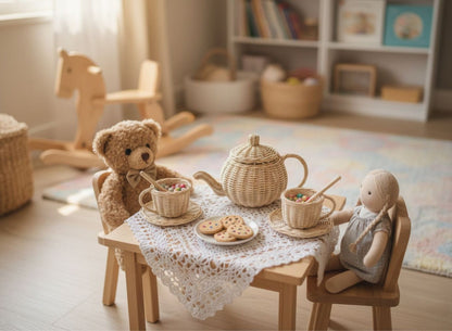 Wicker tea set arranged for teddy bear tea party