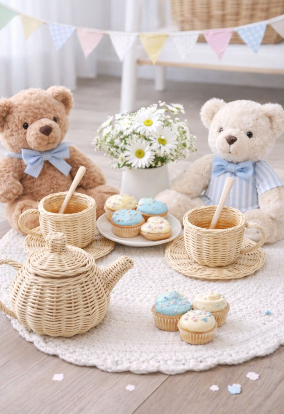 Children's rattan pretend play tea set with teapot and cups