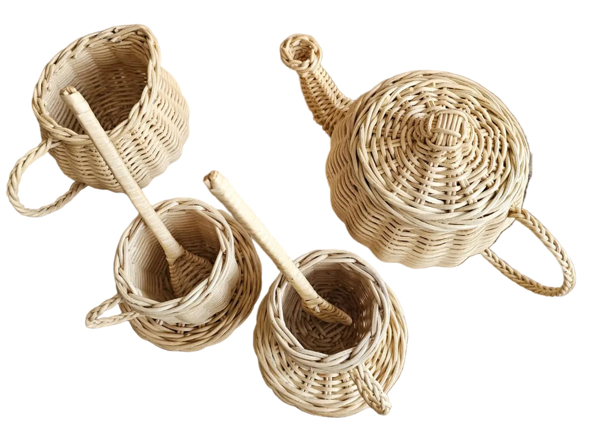 Natural rattan wicker tea party play set for kids
