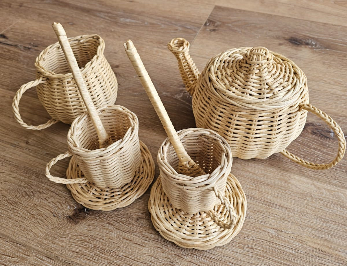 Natural Rattan Wicker Tea Party Play Set for Kids
