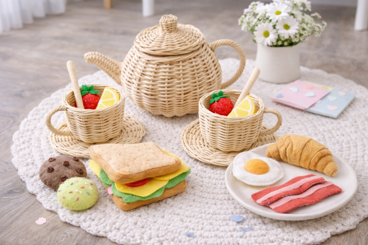 Handwoven natural rattan wicker play teapot