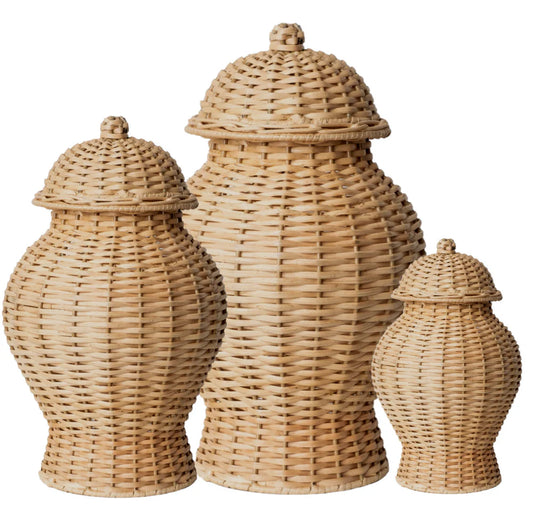 set of three wicker jars with lids