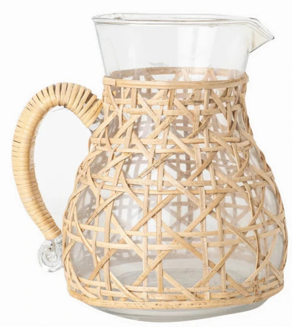 glass pitcher wrapped in wicker