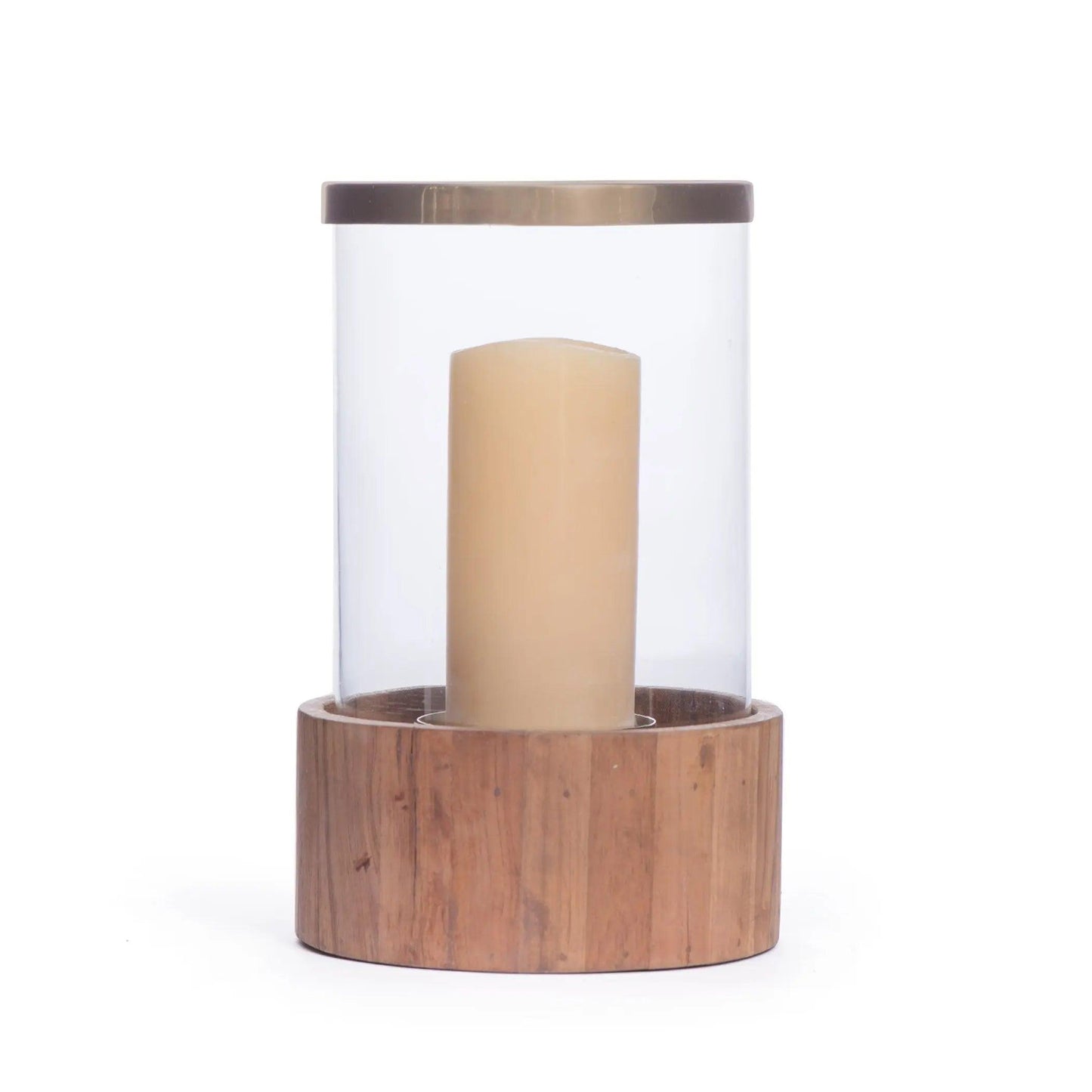 Glass hurricane with wood base and gold rim with pillar candle inside