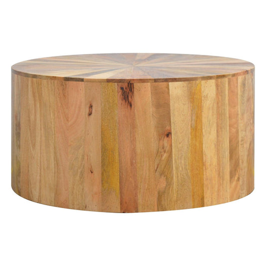 a round wood table with a white background