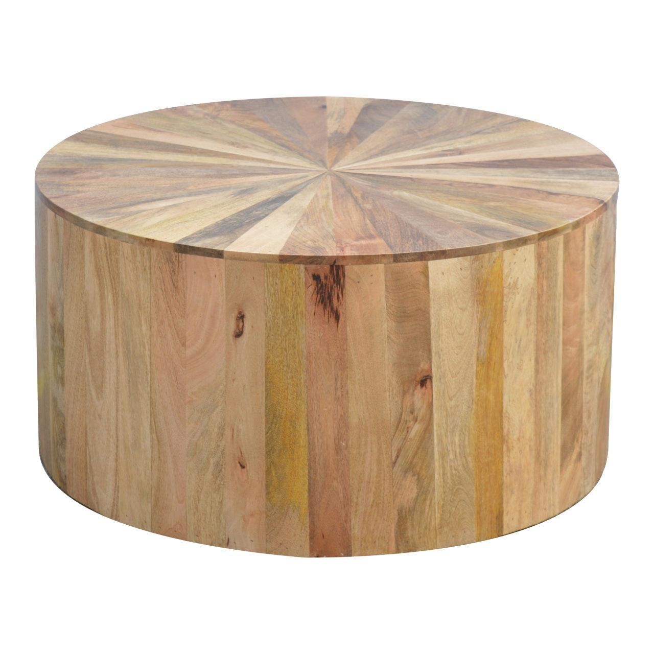 a wooden table with a circular design on it