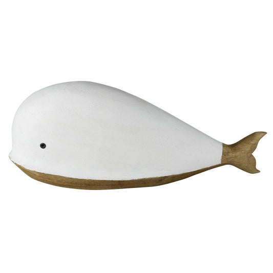 White and brown wooden whale decor