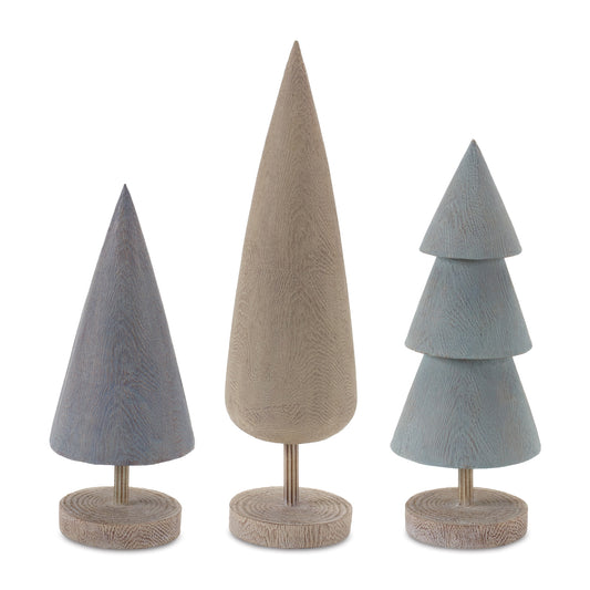 three wooden christmas trees