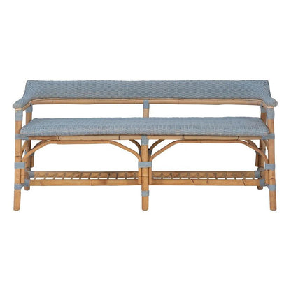 a wooden bench with a blue cushion on top of it
