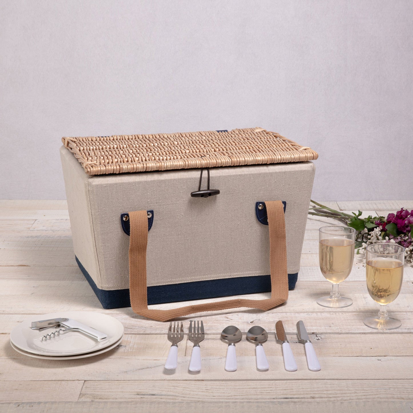 Boardwalk Picnic Basket for 2 - Coastal Handwoven Wine & Cheese Set, Beach House Romantic Gift