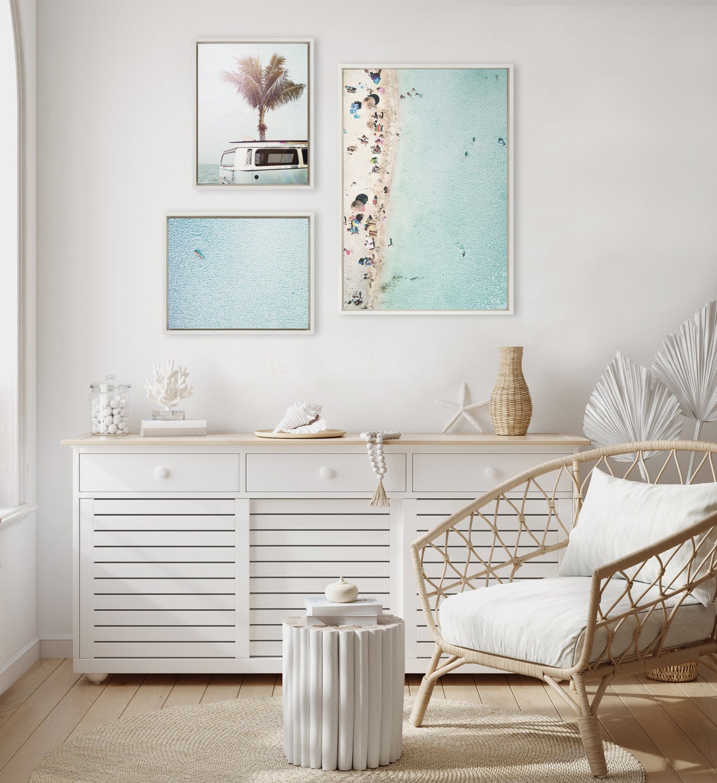Sylvie Turquoise Beach from Above 2, Blue Beach Van and Woman Floating Framed Canvas by Amy Peterson Art Studio